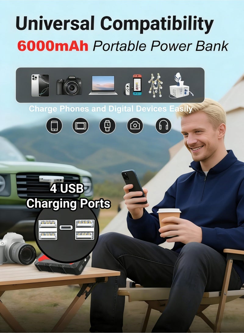 Bolivia's Jump starter with Flashlight 800A peak current 6000mAh. Suitable for gasoline and diesel vehicles. Features include compass, power bank, and large-capacity storage. - Image 4